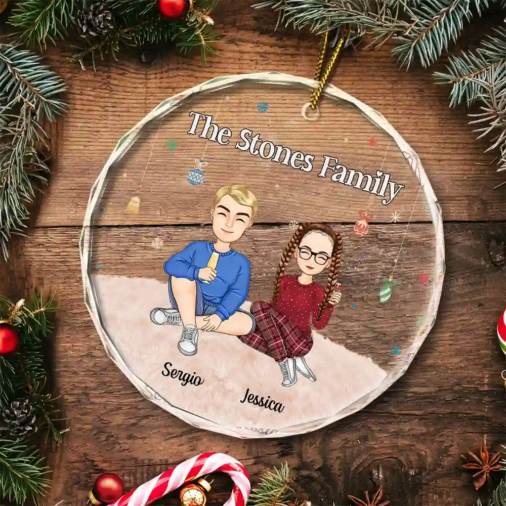 Cartoon Family Sitting - Personalized Circle Glass Ornament - Image 5