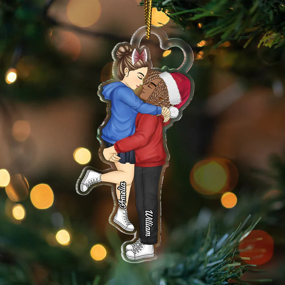 Cartoon Kissing Couple Christmas - Personalized Cutout Acrylic Ornament - Image 3