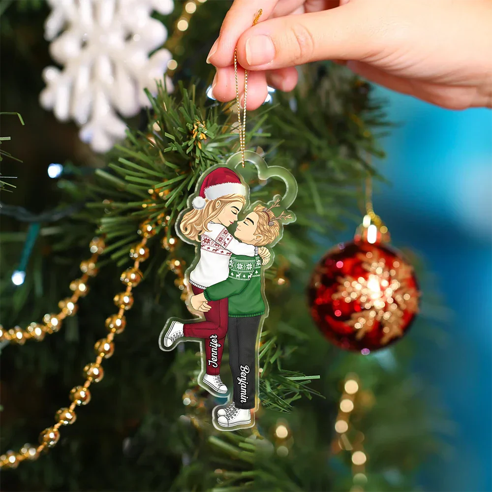 Cartoon Kissing Couple Christmas - Personalized Cutout Acrylic Ornament - Image 4