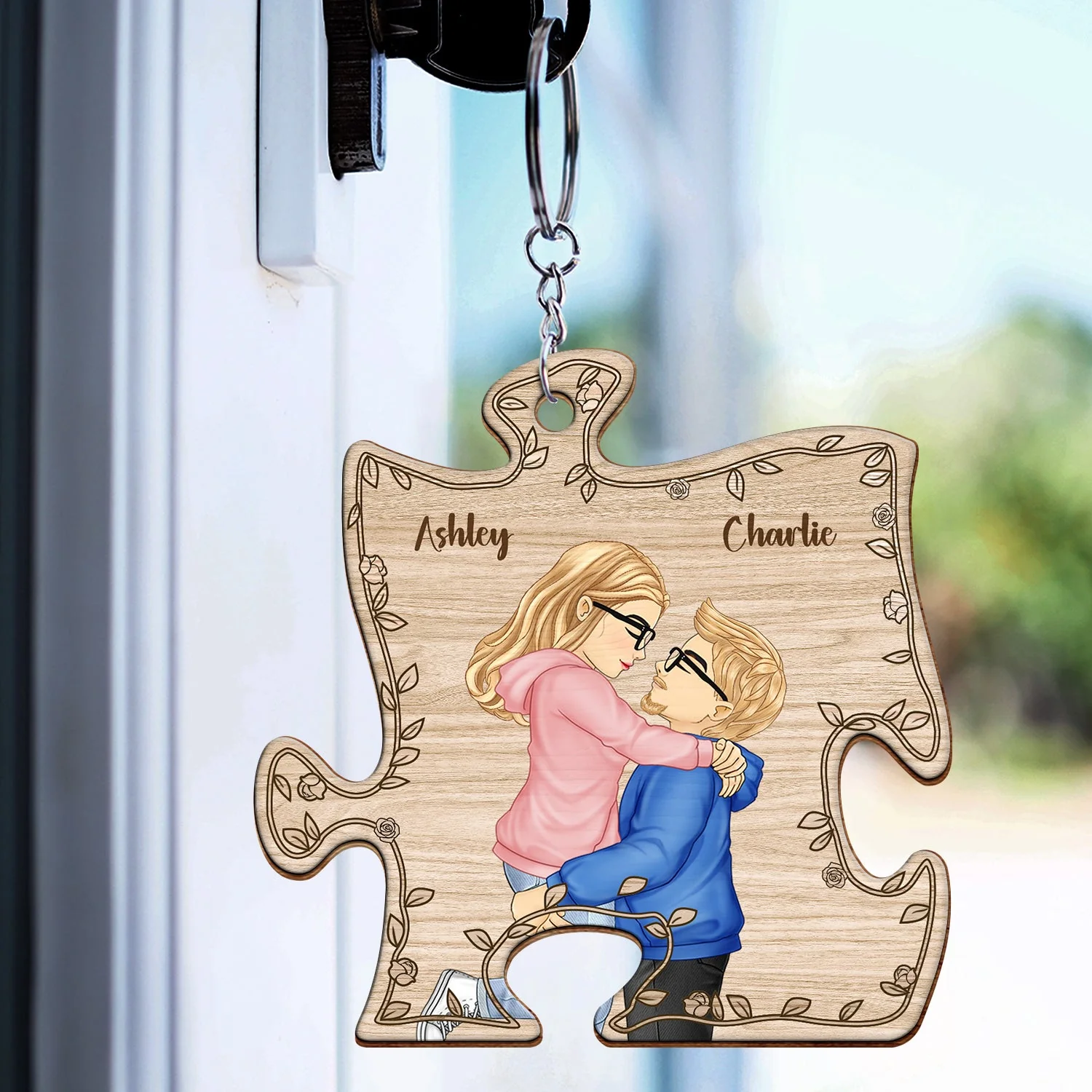 Cartoon Kissing Couple My Missing Piece - Gift For Couples - Personalized Wooden Keychain - Image 3