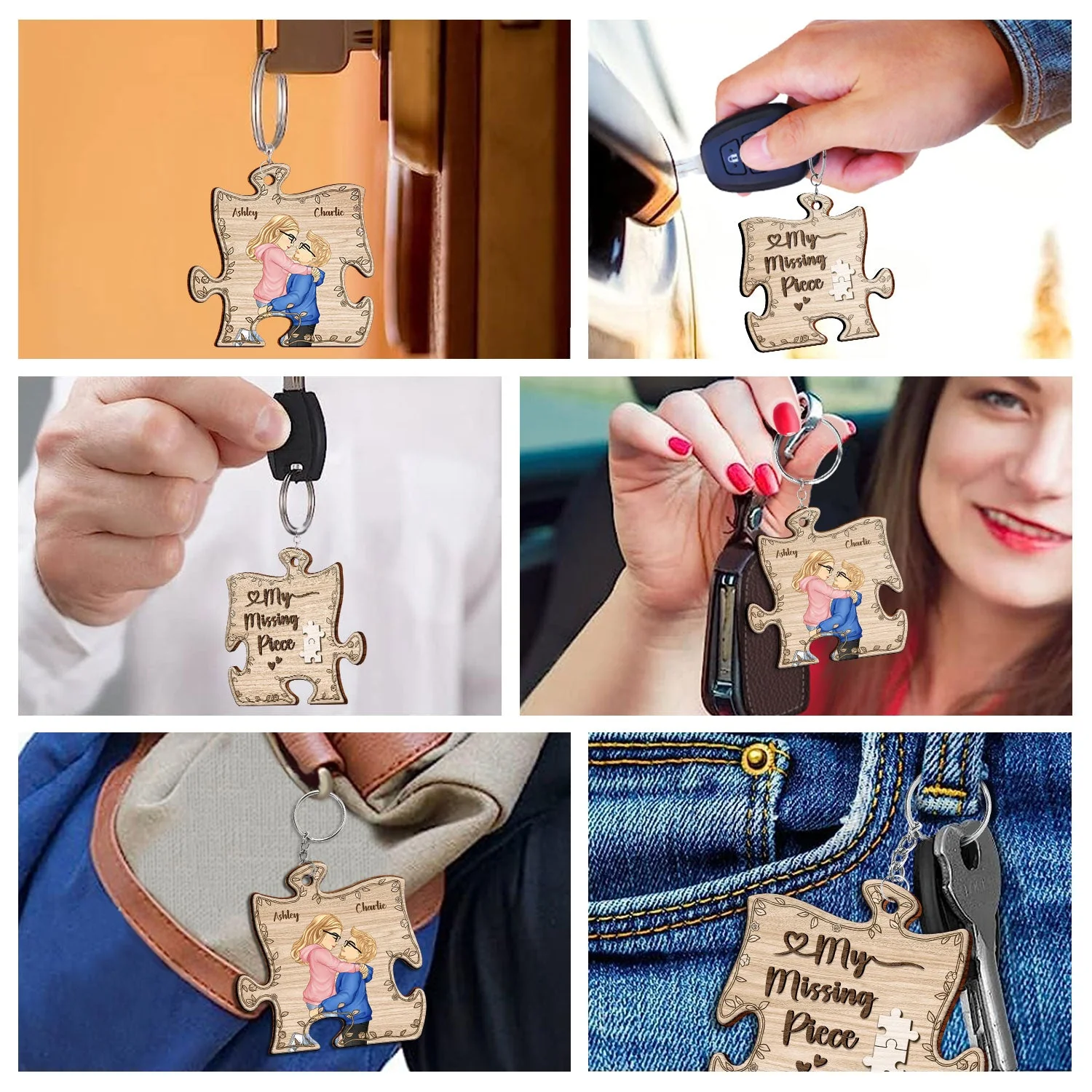 Cartoon Kissing Couple My Missing Piece - Gift For Couples - Personalized Wooden Keychain - Image 6