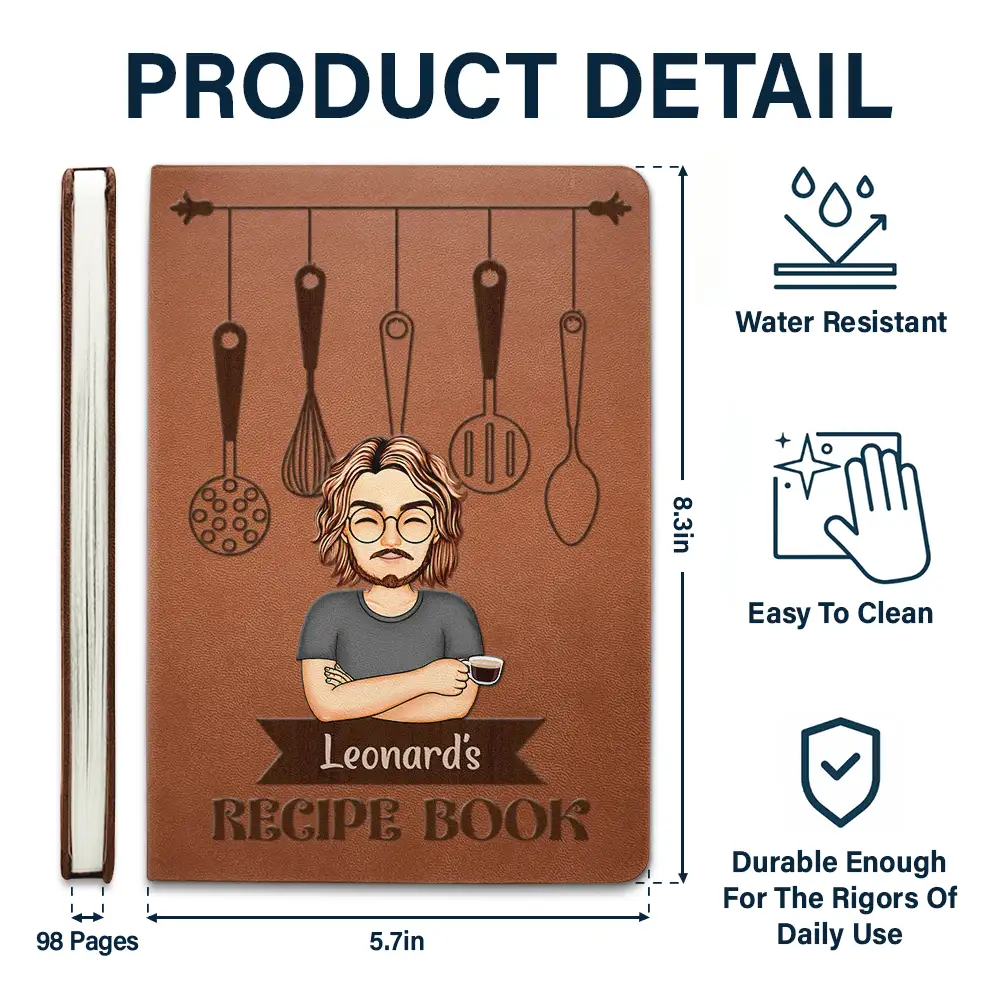 Cartoon Man Recipe CookBook - Personalized Leather Journal - Image 5