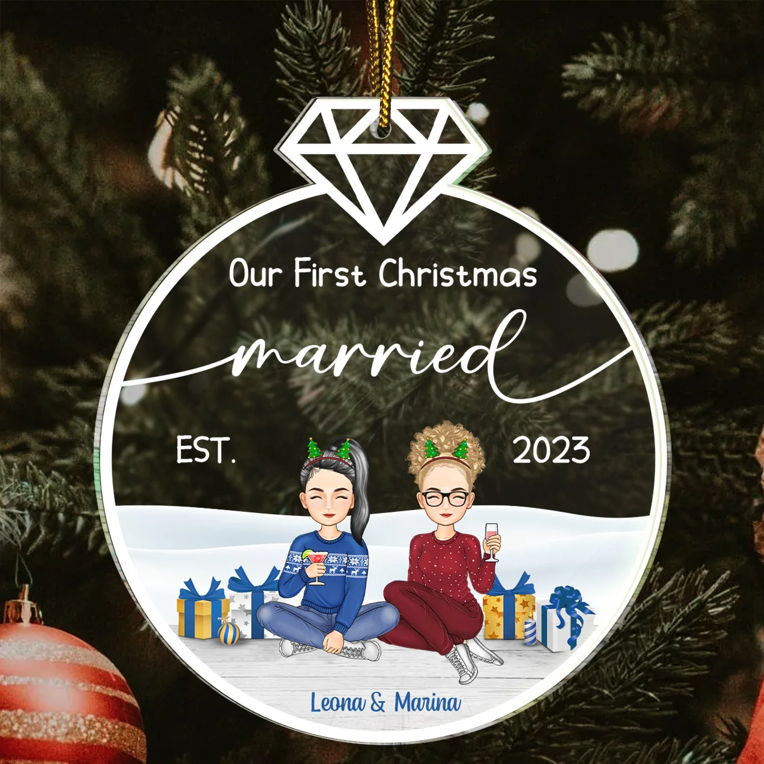 Cartoon Our First Christmas Married - Gift For Couples - Personalized Custom Shaped Acrylic Ornament - Image 3