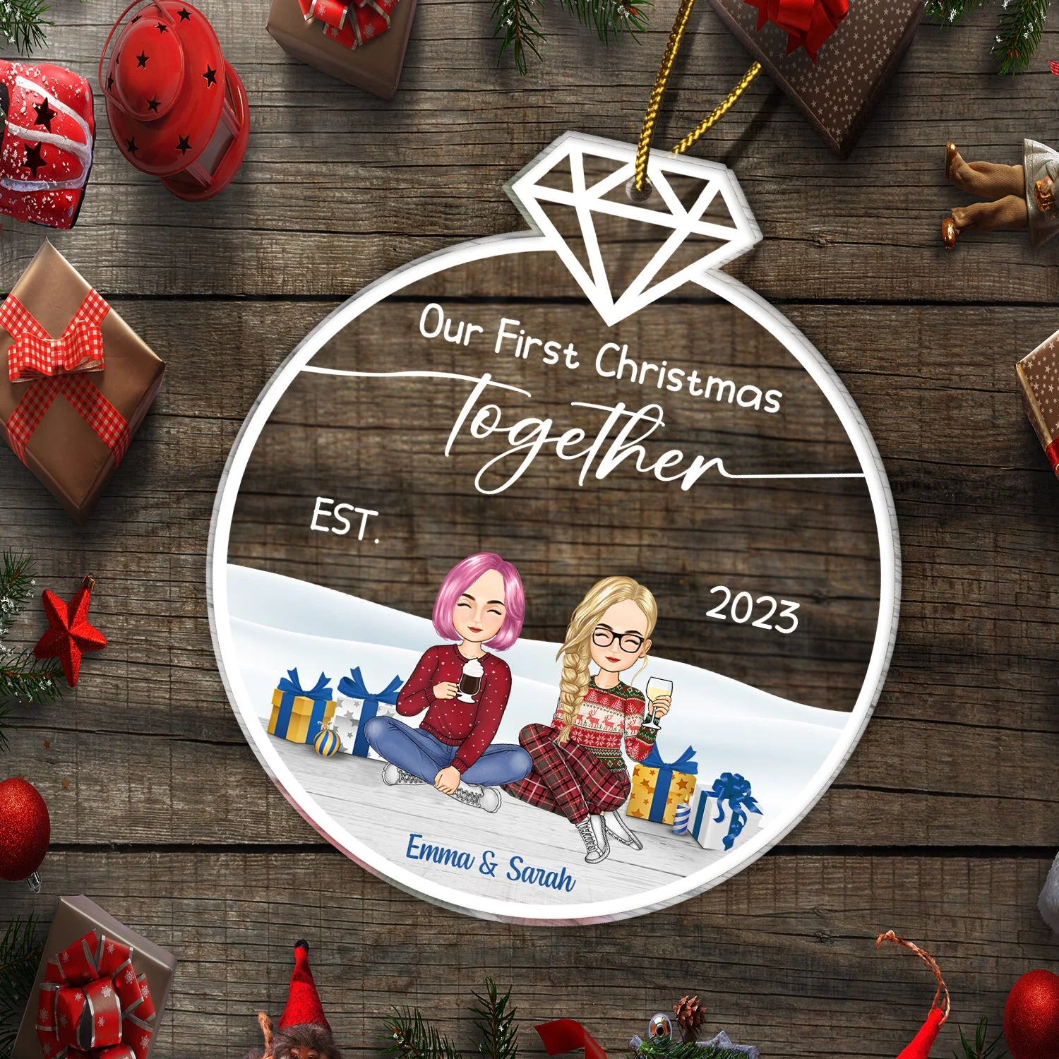 Cartoon Our First Christmas Married - Gift For Couples - Personalized Custom Shaped Acrylic Ornament - Image 5