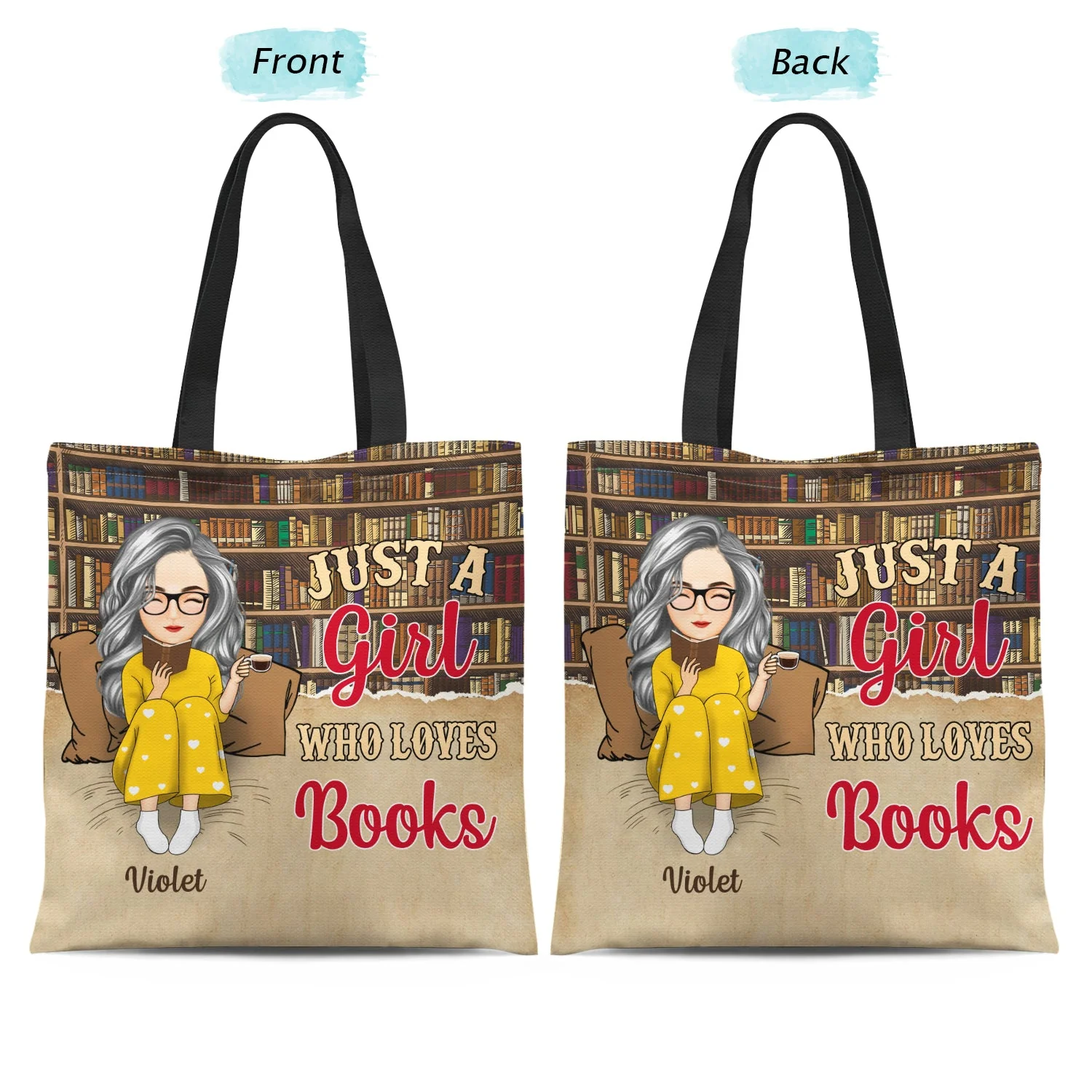 Cartoon Reading Just A Girl Who Loves Books Bag - Gift For Book Lovers - Personalized Zippered Canvas Bag - Image 2