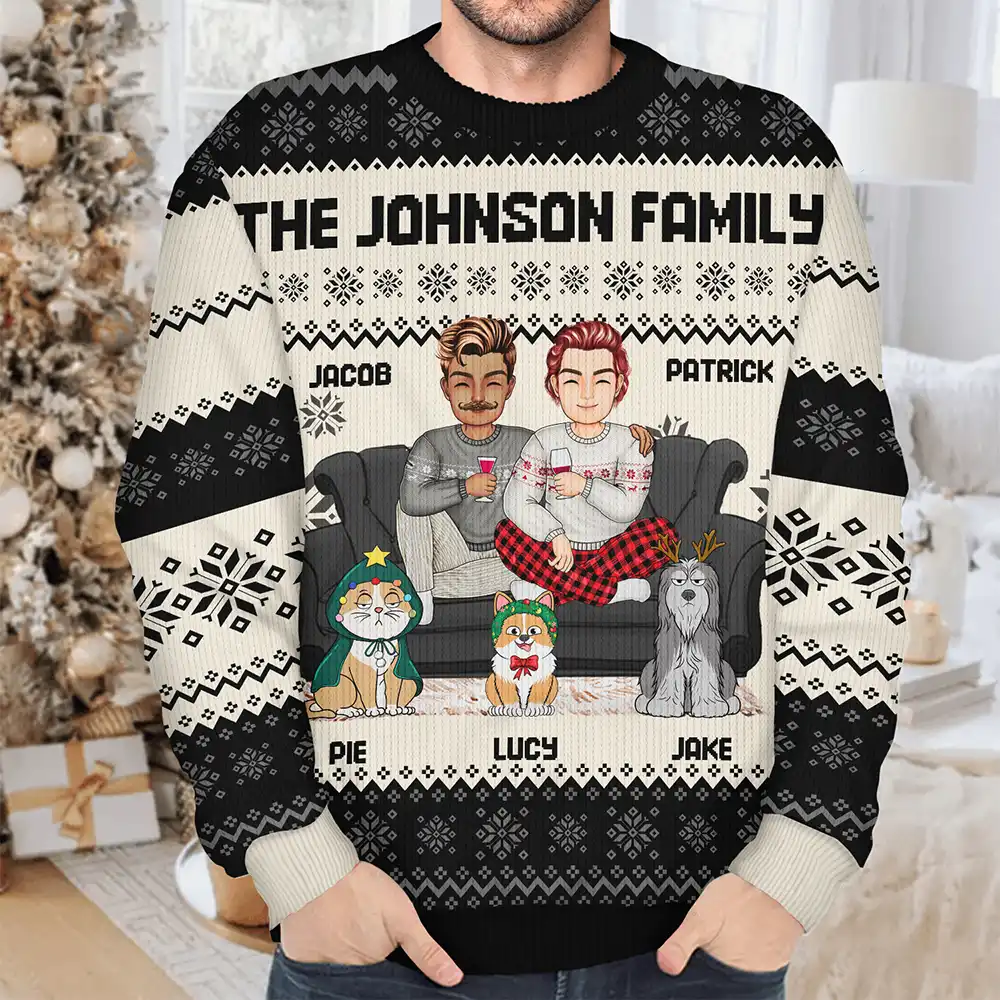 Cartoon Same Gender Couple With Kids And Pets - Personalized Unisex Ugly Sweater - Image 4