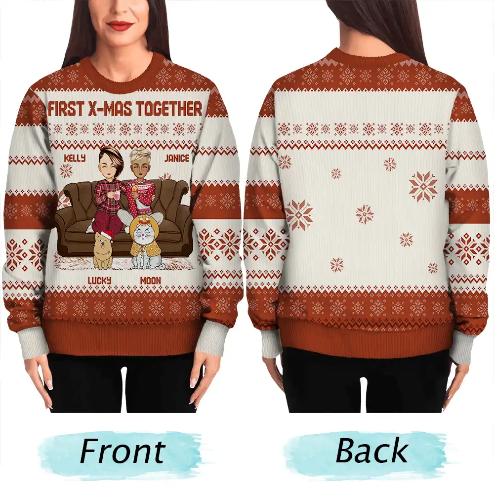 Cartoon Same Gender Couple With Kids And Pets - Personalized Unisex Ugly Sweater - Image 5