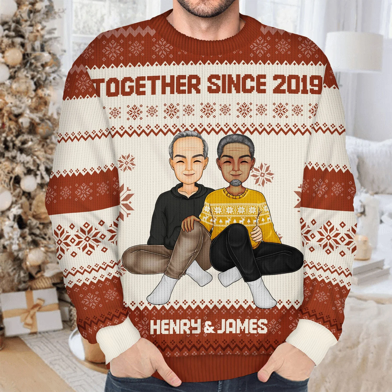 Cartoon Style Couple - Christmas Gift For Spouse, Husband, Wife - Personalized Unisex Ugly Sweater - Image 4