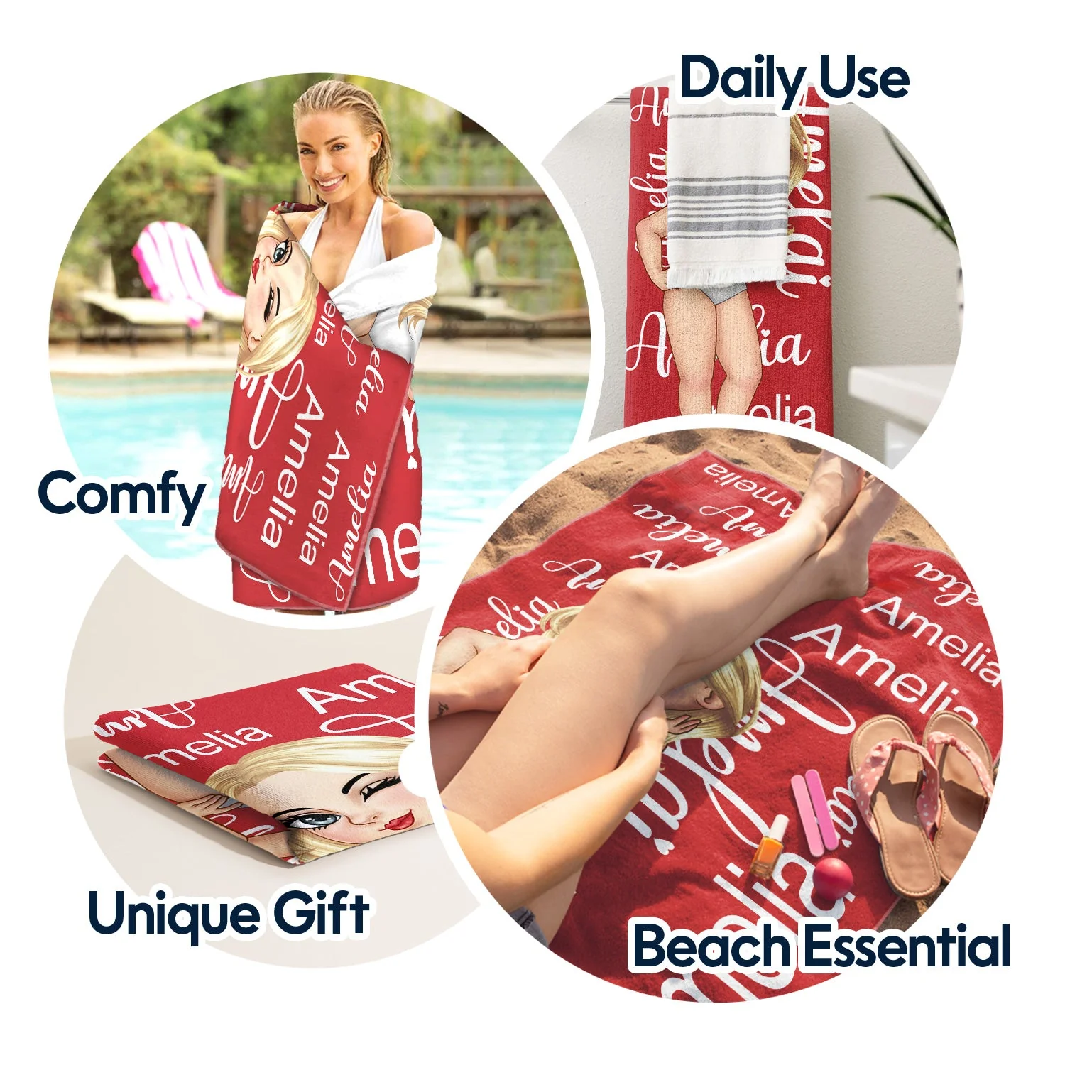 Cartoon Woman Custom Name Traveling Beach Poolside Swimming Picnic - Birthday, Vacation Gift For Her, Besties, Family - Personalized Beach Towel - Image 5