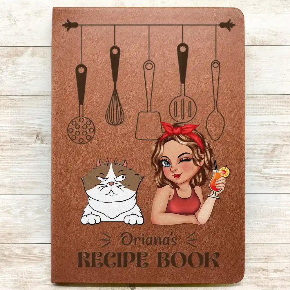 Cartoon Woman Recipe Book Dog Cat - Personalized Leather Journal - Image 3