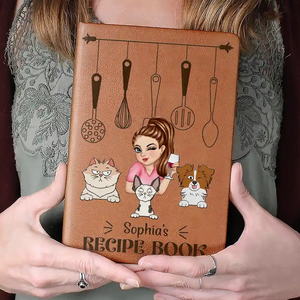 Cartoon Woman Recipe Book Dog Cat - Personalized Leather Journal - Image 4