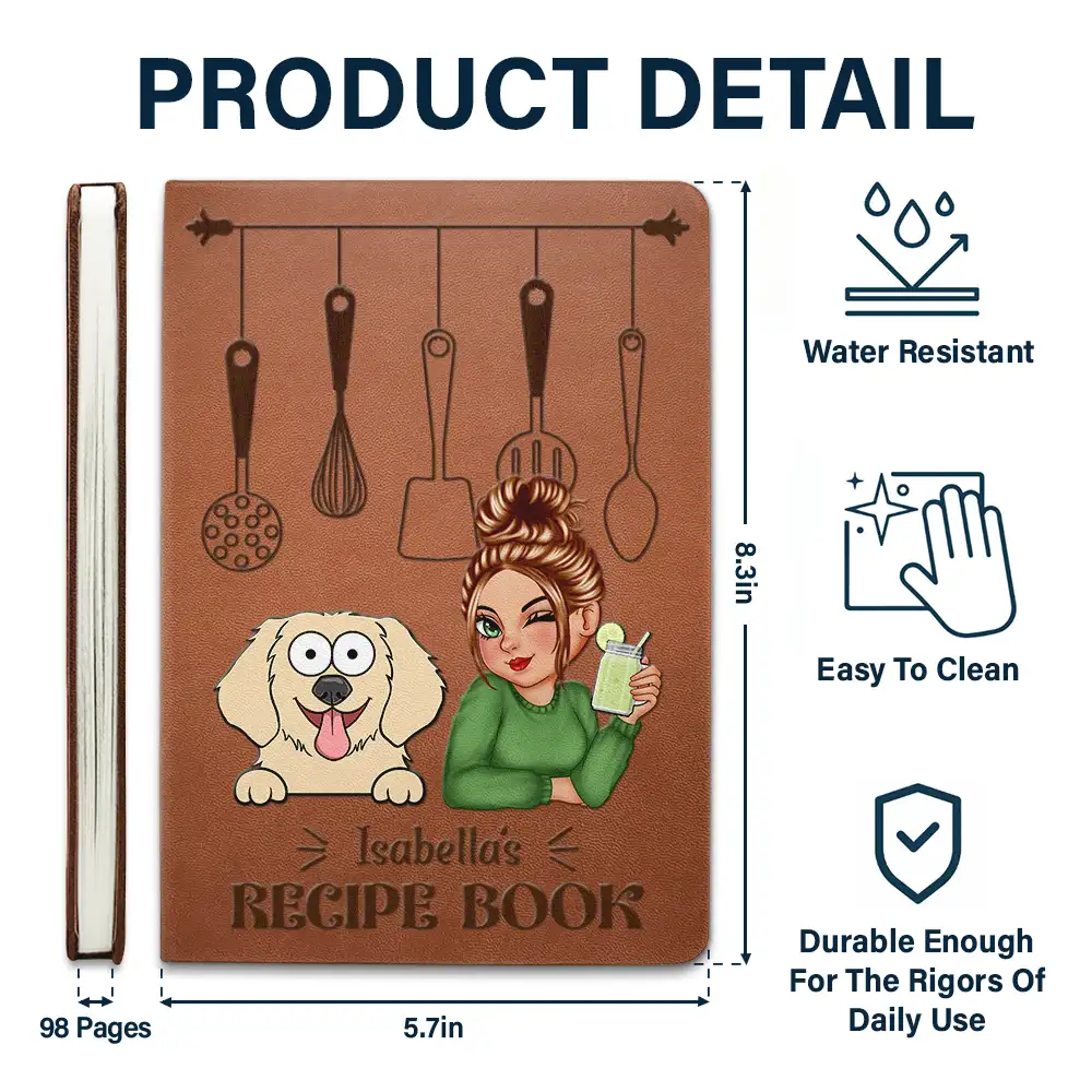 Cartoon Woman Recipe Book Dog Cat - Personalized Leather Journal - Image 5