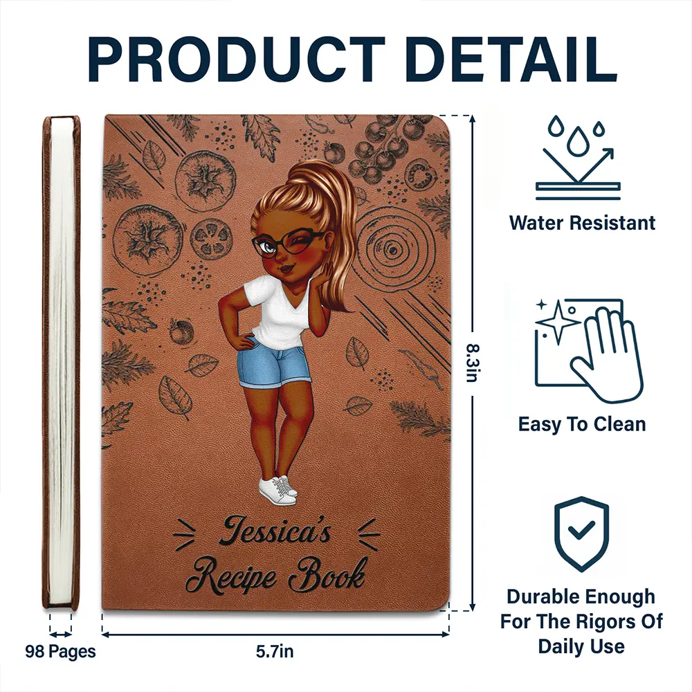 Cartoon Woman Recipe Book - Personalized Leather Journal - Image 5
