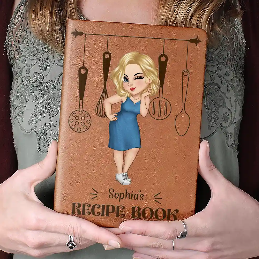 Cartoon Woman Recipe CookBook - Personalized Leather Journal - Image 4