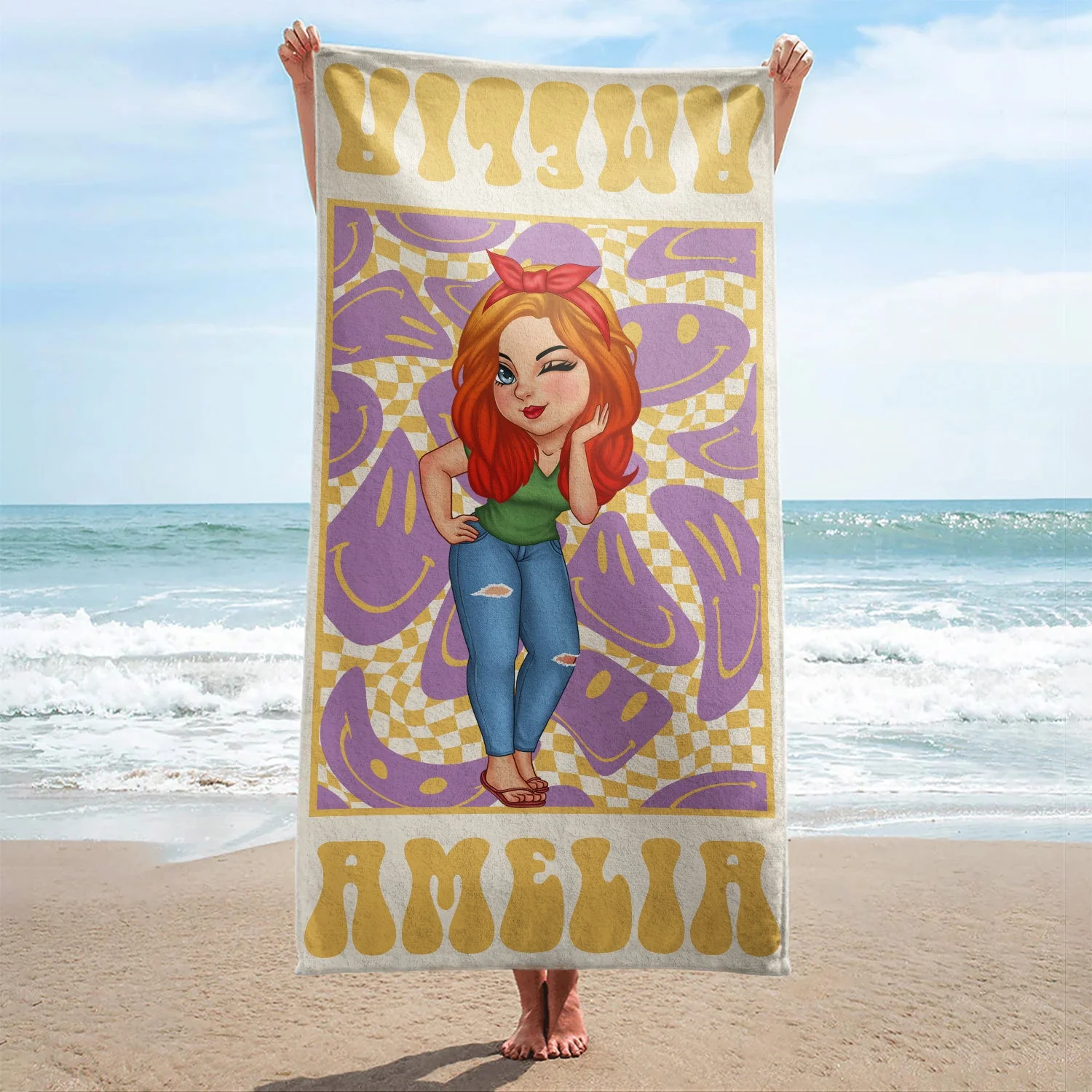 Cartoon Woman Retro Traveling Beach Poolside Swimming Picnic - Birthday, Vacation Gift For Her, Besties, Family - Personalized Beach Towel - Image 2