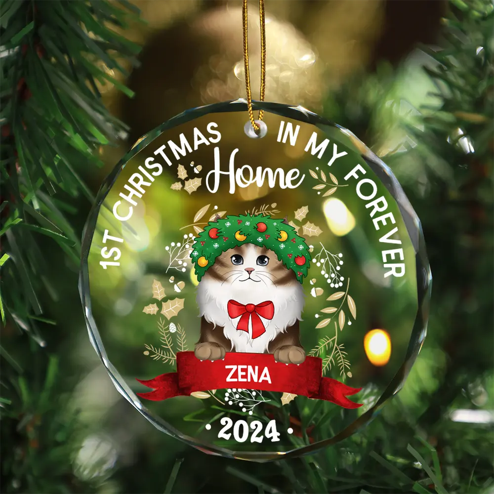 Cat 1st Christmas In My Forever Home - Personalized Circle Glass Ornament - Image 3