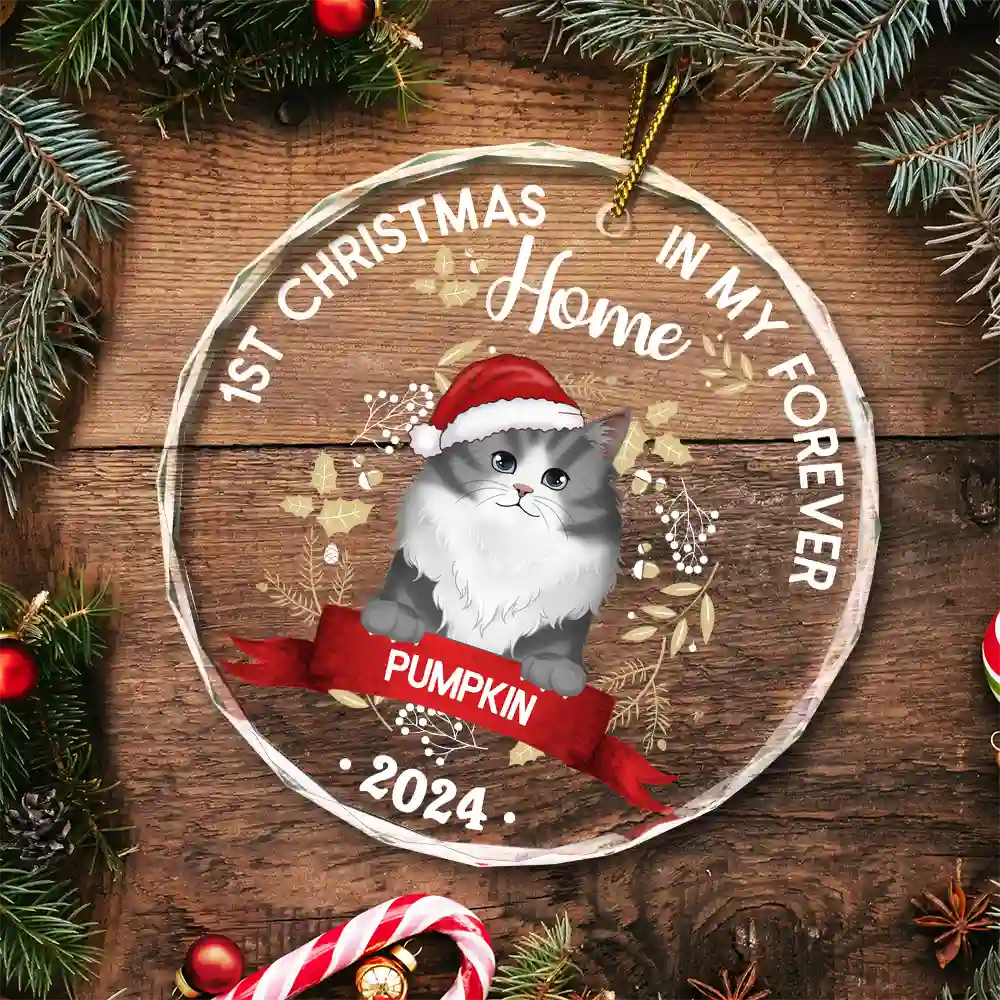 Cat 1st Christmas In My Forever Home - Personalized Circle Glass Ornament - Image 5