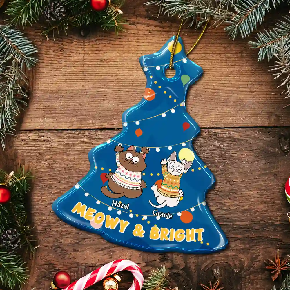 Cat Climbing Christmas Tree - Personalized Tree Ceramic Ornament - Image 5