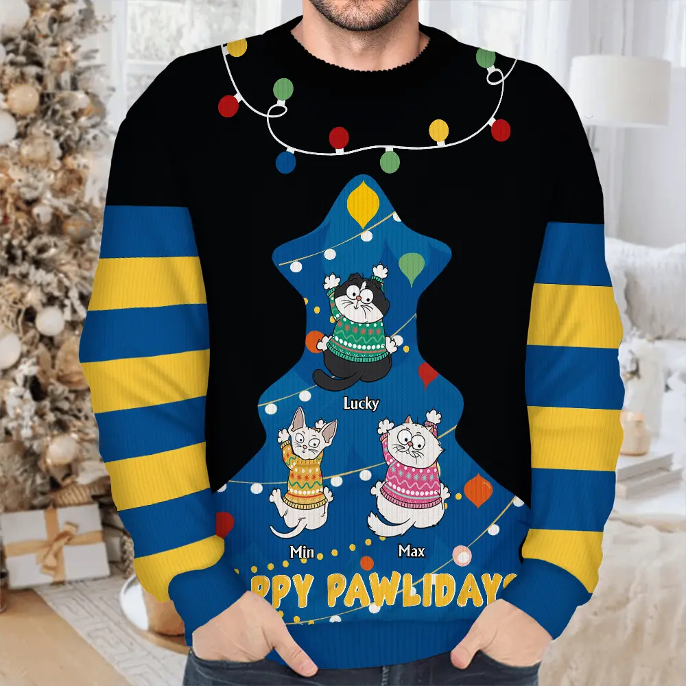 Cat Climbing Christmas Tree - Personalized Unisex Ugly Sweater - Image 4