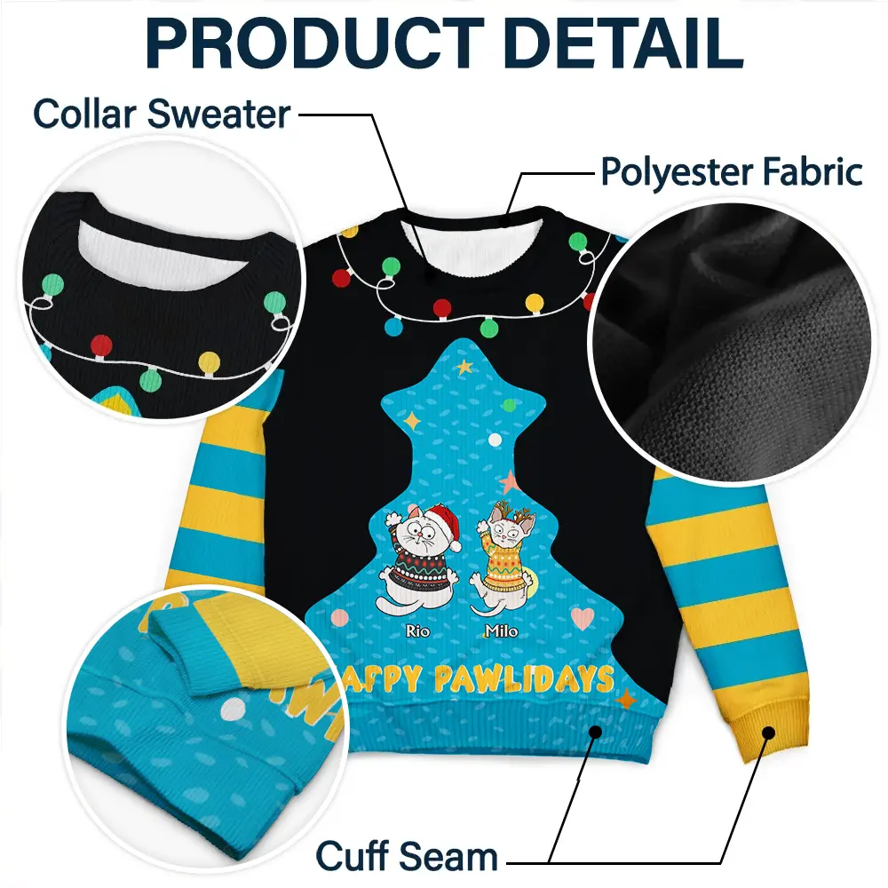 Cat Climbing Christmas Tree - Personalized Unisex Ugly Sweater - Image 6