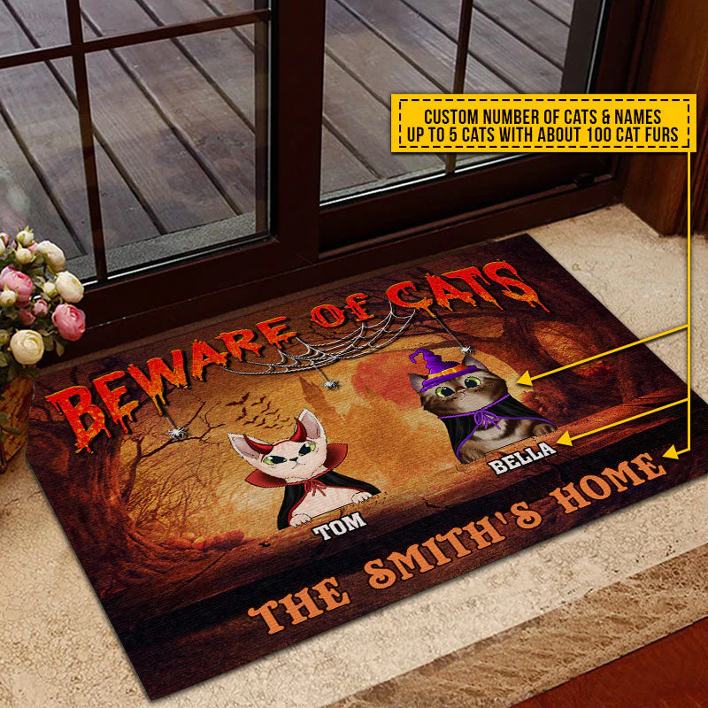 Cat Cosplay Beware Of Cats Custom Doormat, Pumpkin, Devil & Witch Cat Costumes, Personalized Halloween Decor - Image 3