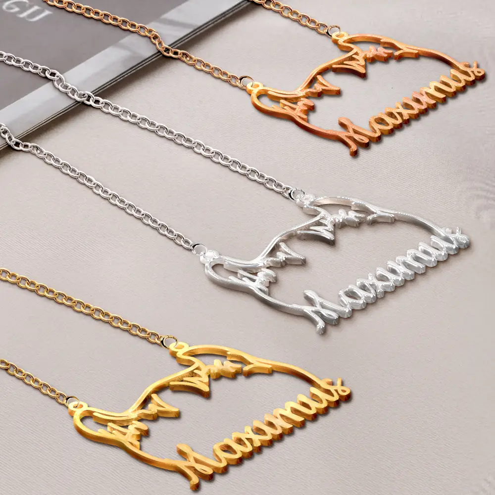 Cat Ears Line Art With Custom Name - Personalized Letter Necklace - Image 2