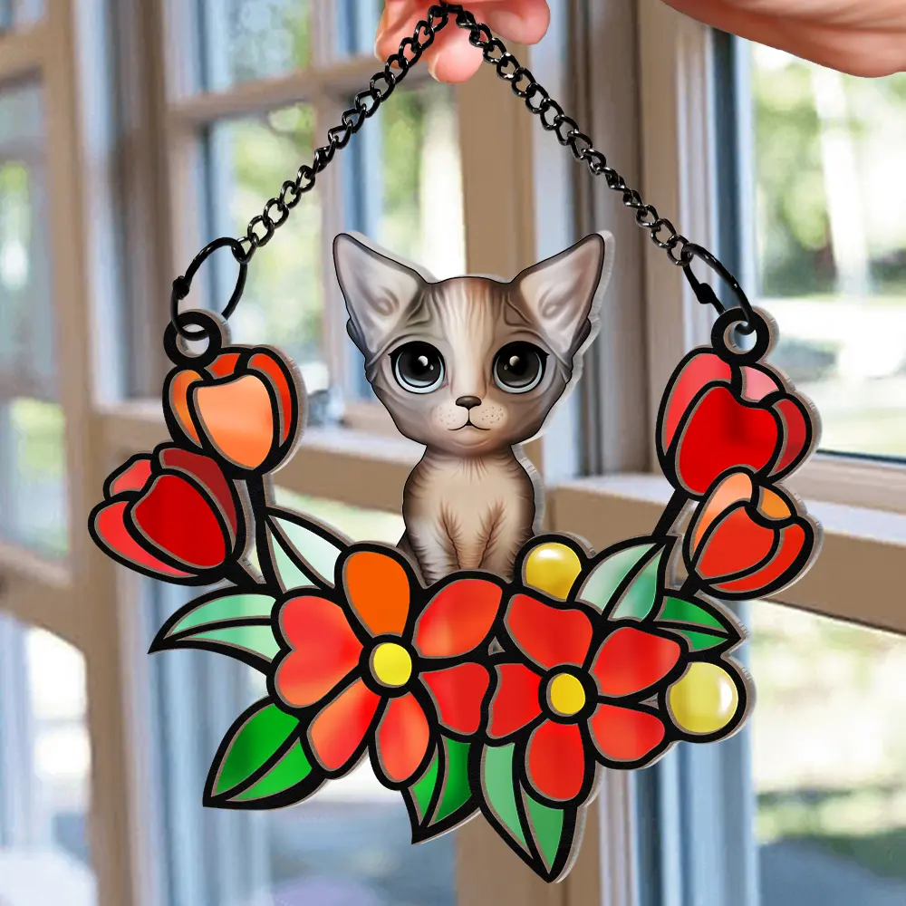 Cat In Tulip Flowers Stained Glass - Personalized Window Hanging Suncatcher Ornament - Image 2