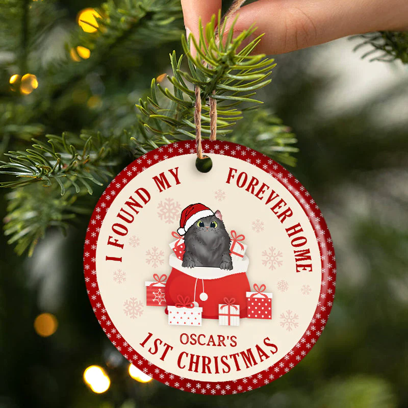 Cat Lover Christmas Forever Home - Personalized Custom Circle Ceramic Ornament - Image 3