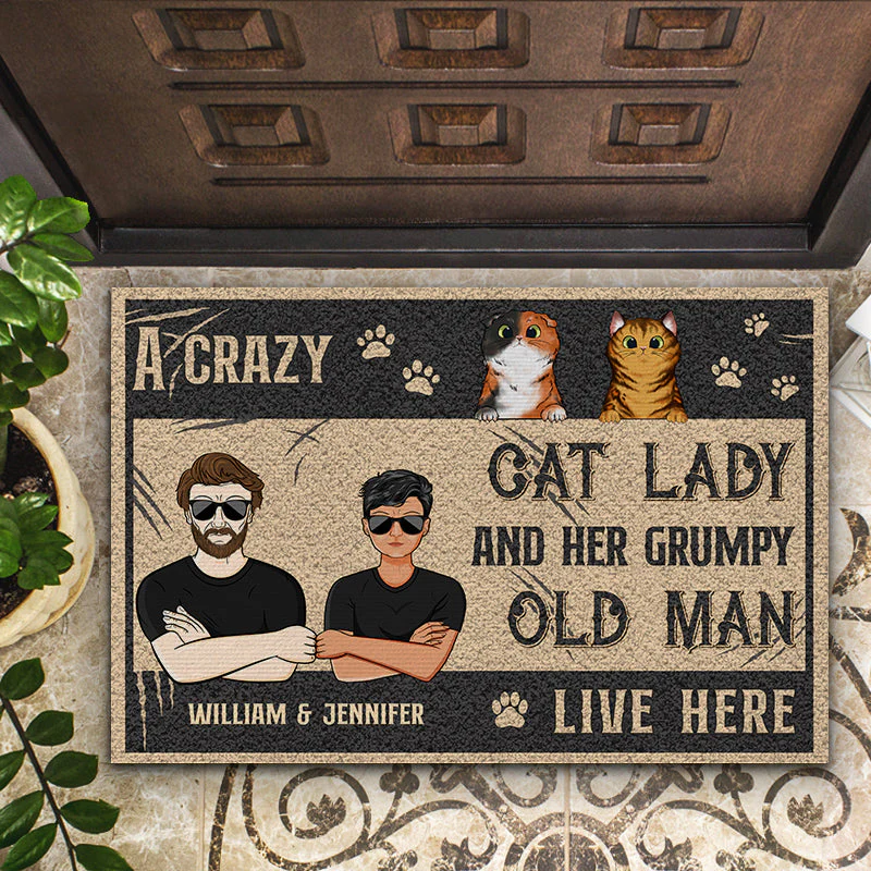 Cat Lovers Crazy Cat Lady And Grumpy Old Man Live Here - Personalized Custom Doormat - Image 2
