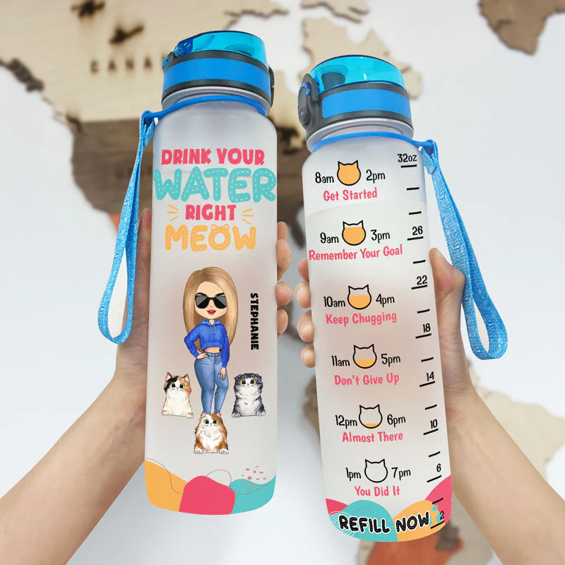 Cat Lovers Drink Your Water Right Meow - Personalized Custom Water Tracker Bottle - Image 3