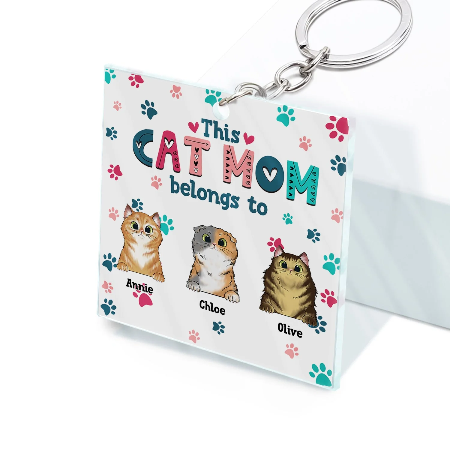 Cat Mom Cat Dad Cute Colorful Paw Prints - Birthday Gift For Pet Lovers - Personalized Custom Acrylic Keychain - Image 2