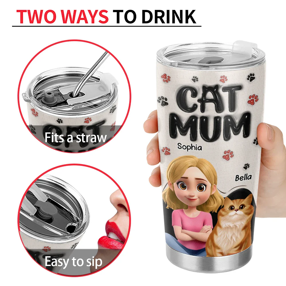 Cat Mom Cat Mum 3D Effect - Personalized Tumbler - Image 4
