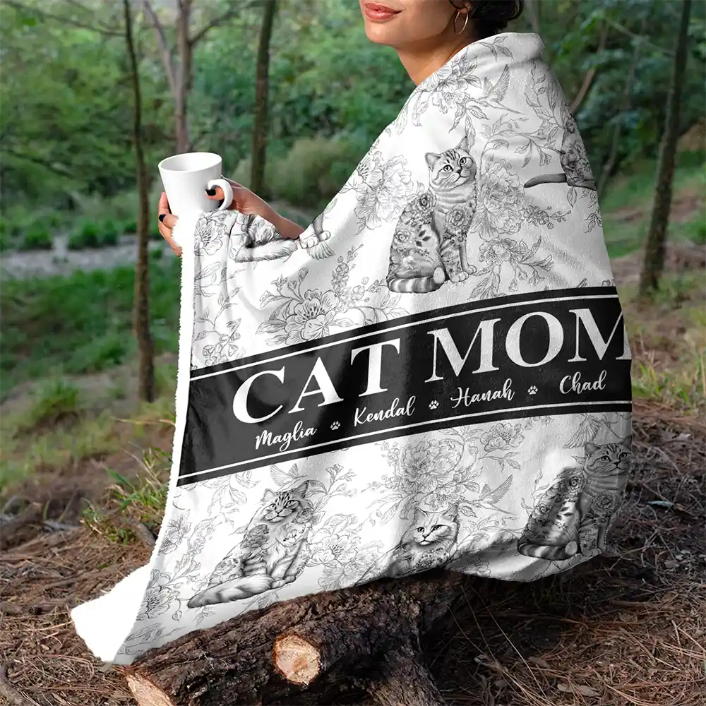 Cat Mom Chinoiserie Toile Cat - Personalized Fleece Blanket, Sherpa Blanket - Image 5