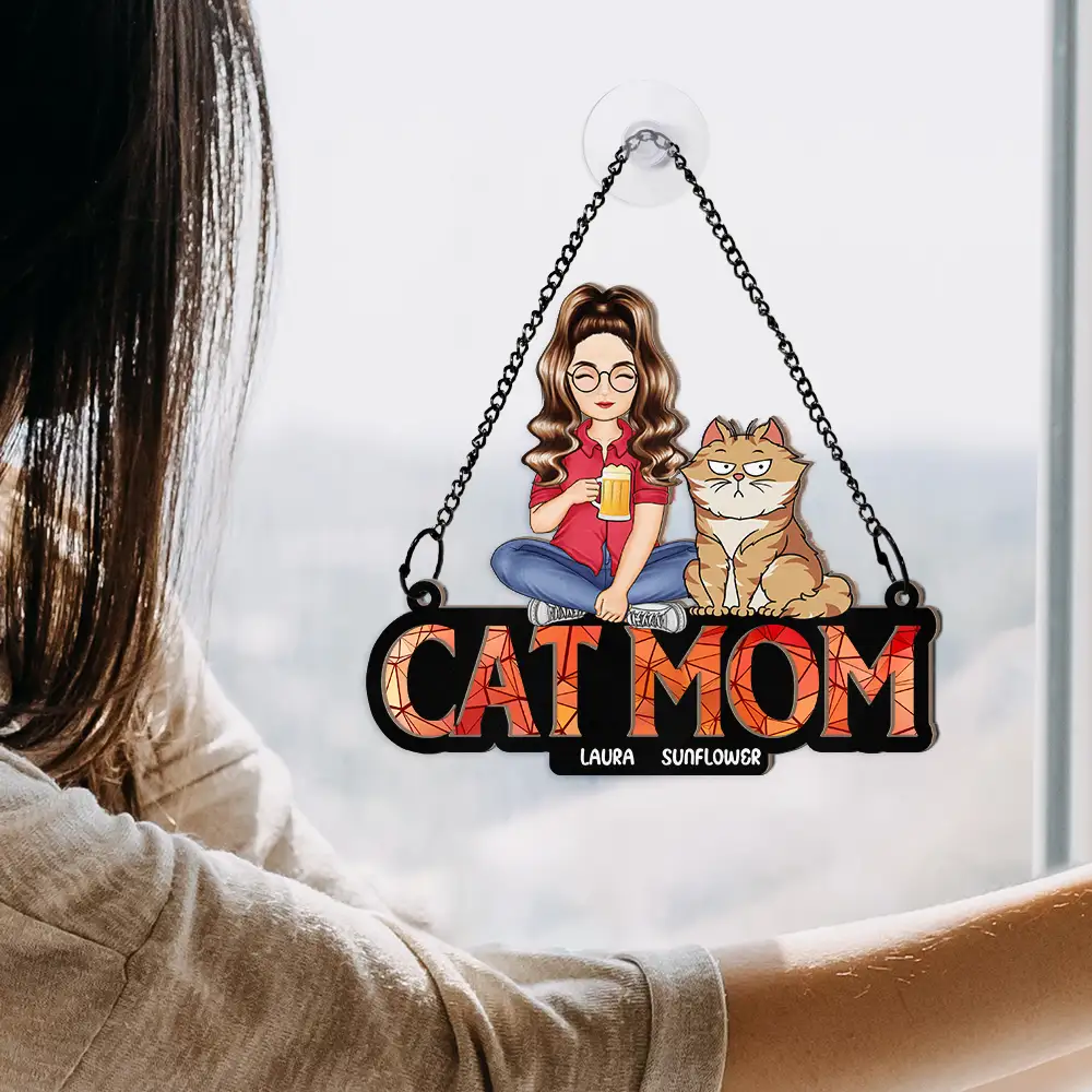 Cat Mom Funny Cartoon Cats - Personalized Window Hanging Suncatcher Ornament - Image 4