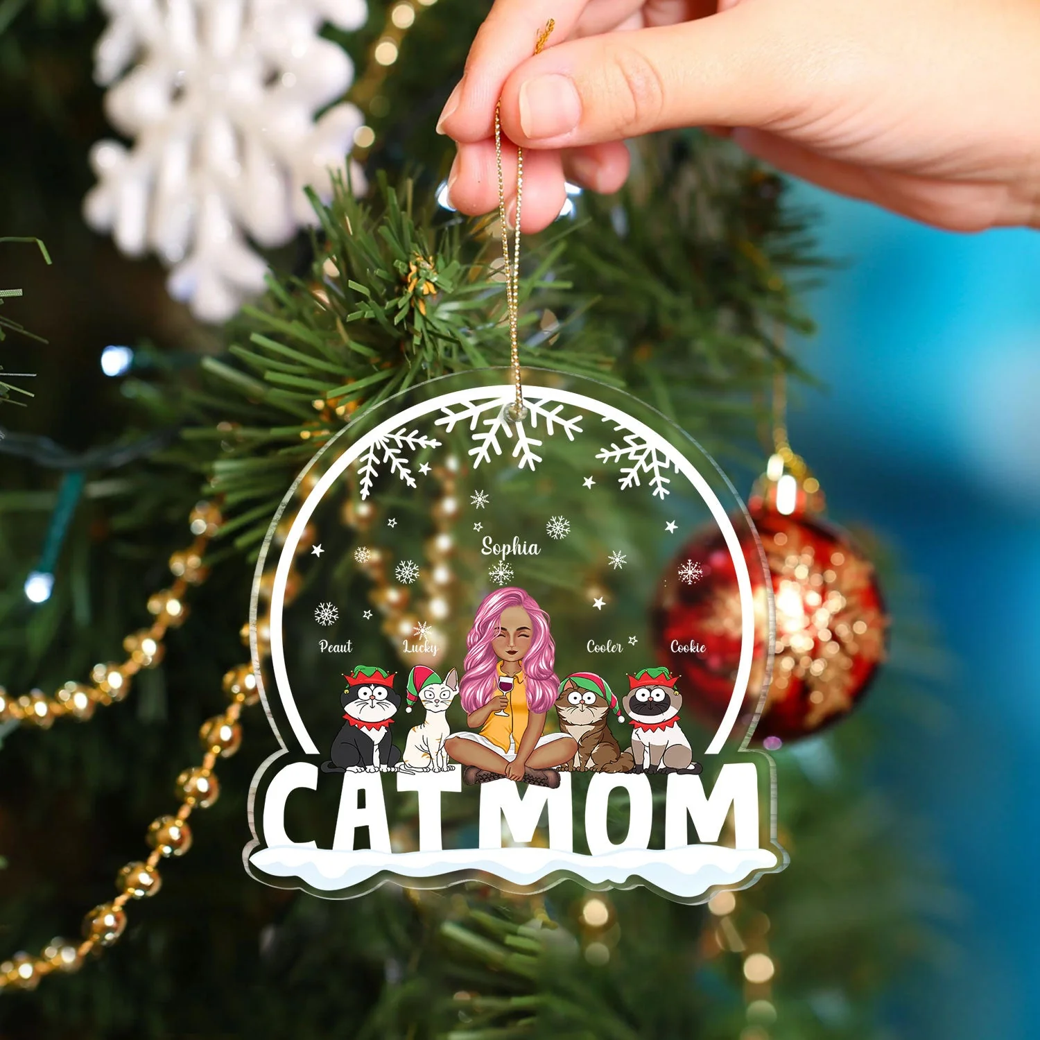 Cat Mom Funny Cartoon Cats Snowdome - Christmas Gift For Cat Lovers - Personalized Custom Shaped Acrylic Ornament - Image 4