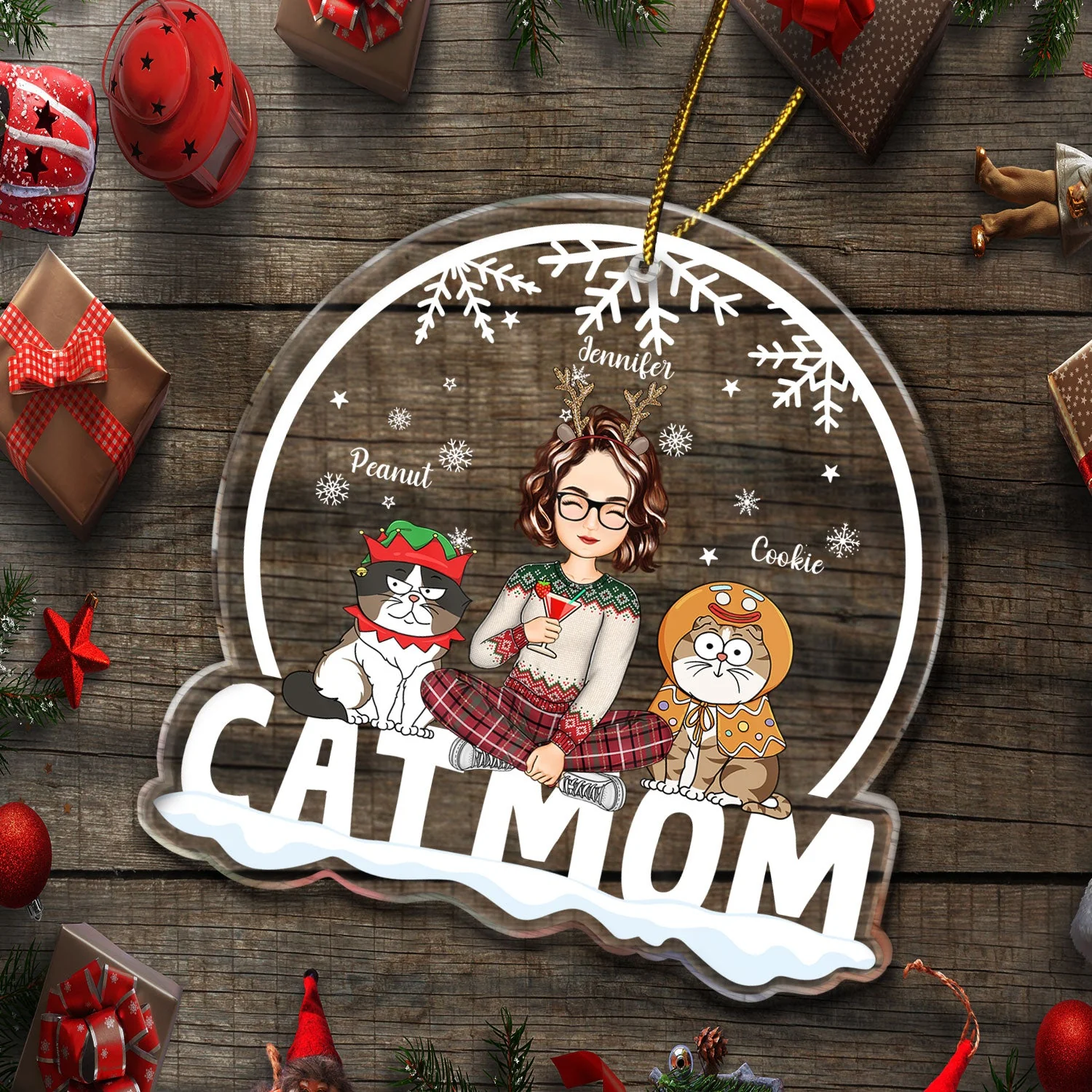 Cat Mom Funny Cartoon Cats Snowdome - Christmas Gift For Cat Lovers - Personalized Custom Shaped Acrylic Ornament - Image 5