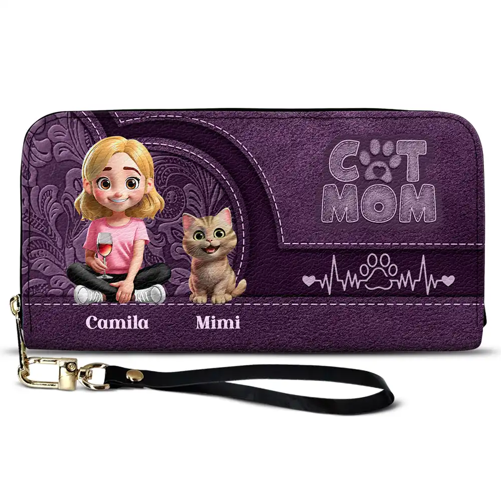 Cat Mom Mum 3D Effect - Personalized Leather Long Wallet