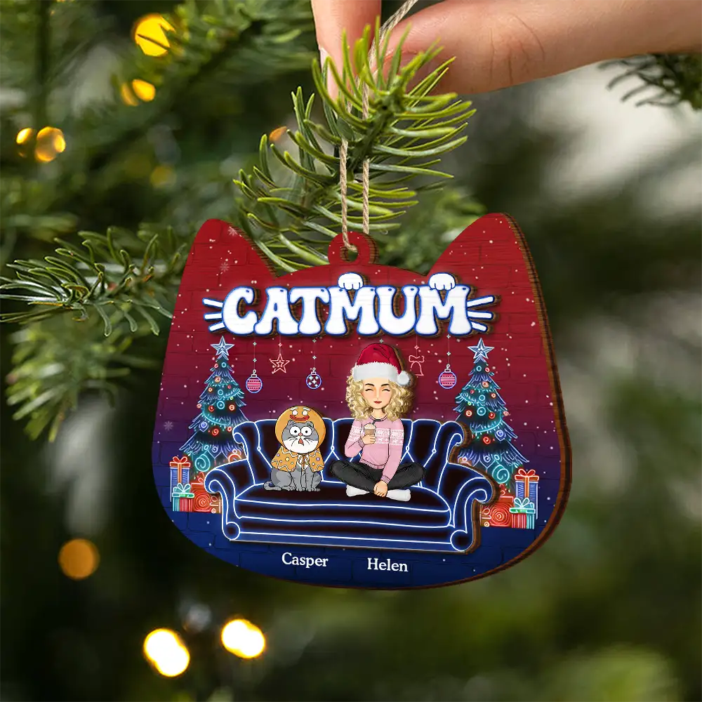 Cat Mom Neon Christmas Light Style - Personalized 2-Layered Wooden Ornament - Image 2