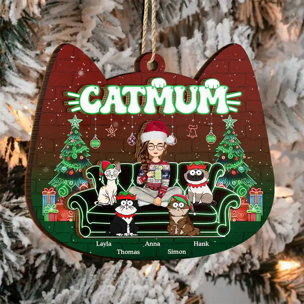 Cat Mom Neon Christmas Light Style - Personalized 2-Layered Wooden Ornament - Image 3