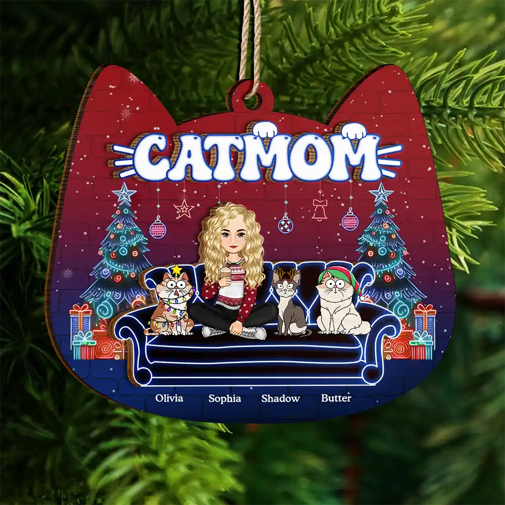 Cat Mom Neon Christmas Light Style - Personalized 2-Layered Wooden Ornament - Image 4