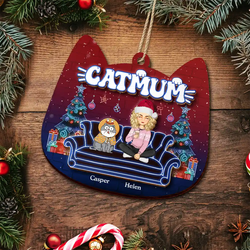 Cat Mom Neon Christmas Light Style - Personalized 2-Layered Wooden Ornament - Image 5
