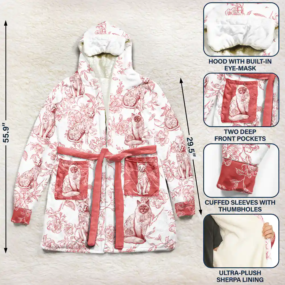 Cat Mom Toile De Jouy Cats - Personalized Hooded Robe - Image 3