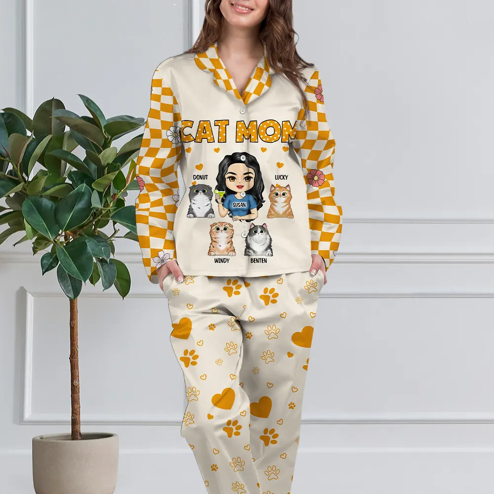 Cat Mom Vintage - Personalized Long Pajamas Set - Image 3