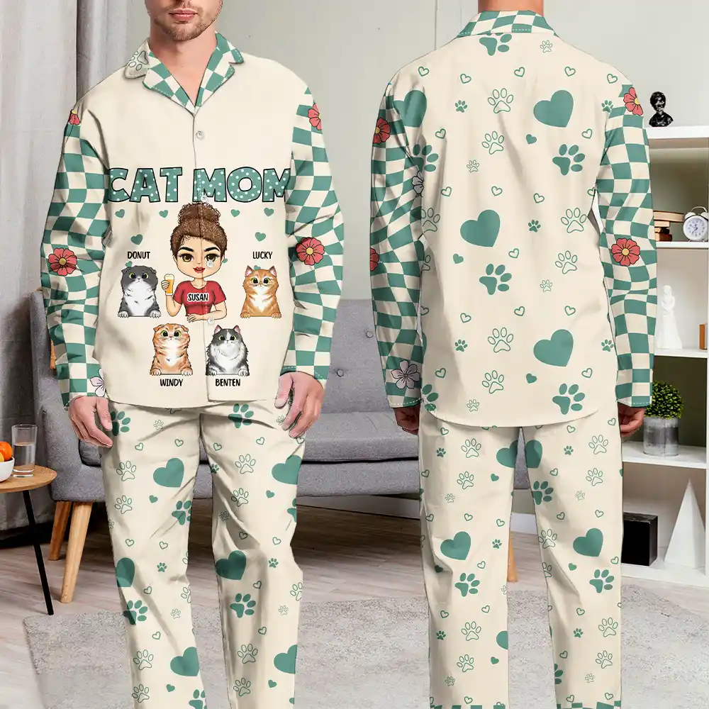 Cat Mom Vintage - Personalized Long Pajamas Set - Image 5
