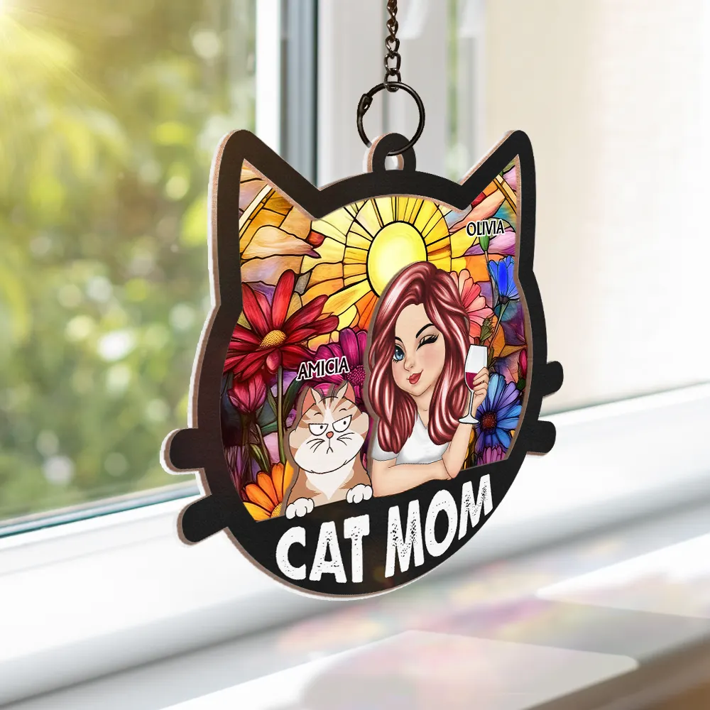 Cat Mom With Funny Cats - Personalized Window Hanging Suncatcher Ornament - Image 3