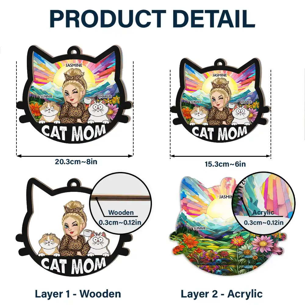 Cat Mom With Funny Cats - Personalized Window Hanging Suncatcher Ornament - Image 5