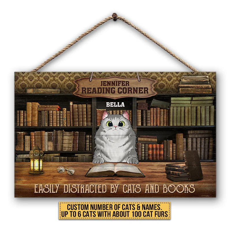 Cat Reading Corner Easily Distracted By Cats And Books Custom Wood Rectangle Sign, Personalized Funny Cat Wood Sign, Gift For Cat Lovers, Reading Lovers - Image 3
