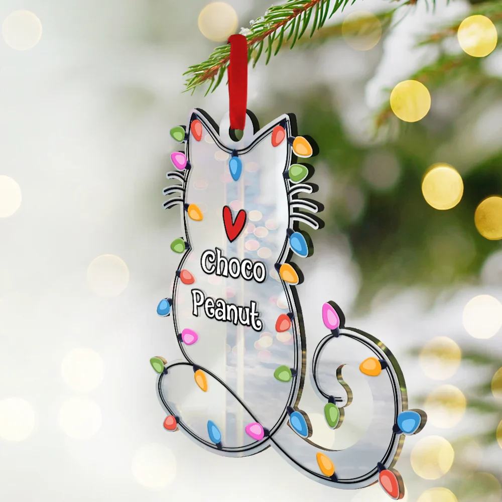 Cat Shape Christmas Light Custom Name - Personalized Custom Shaped Mirror Ornament - Image 2