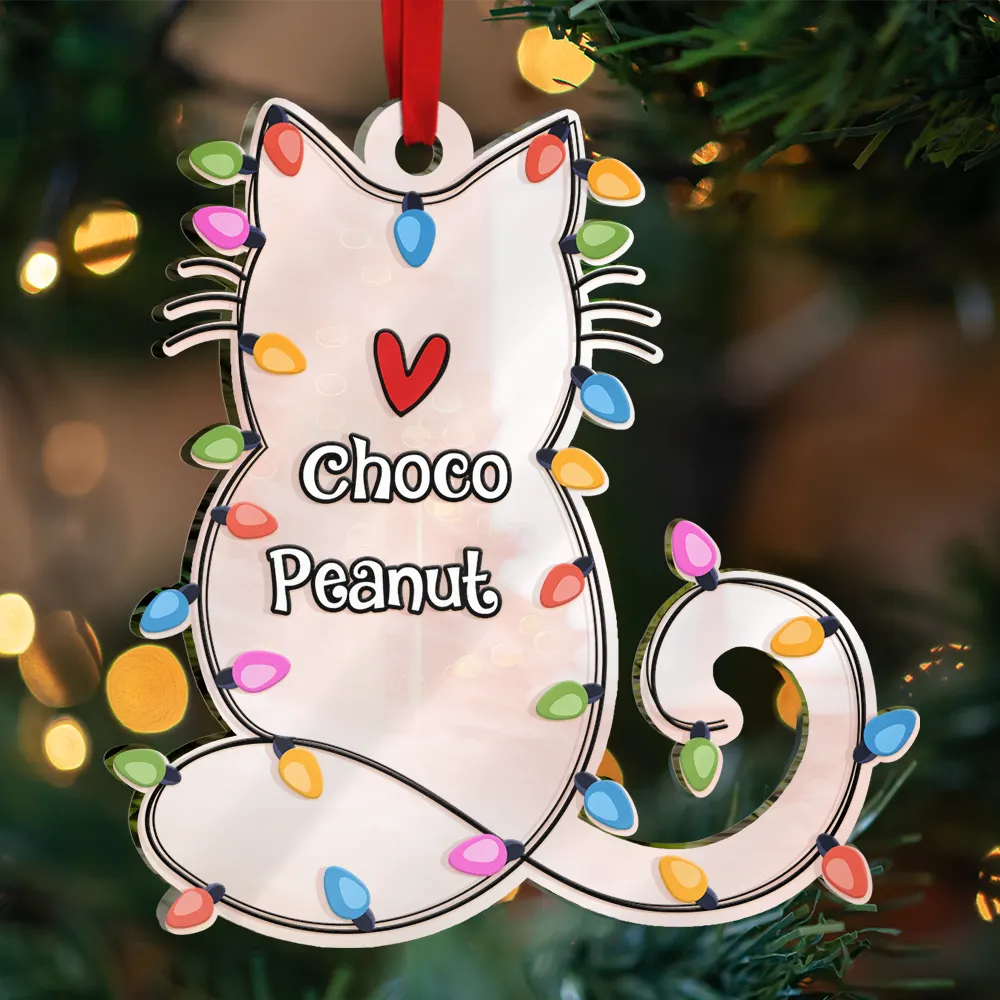 Cat Shape Christmas Light Custom Name - Personalized Custom Shaped Mirror Ornament - Image 3