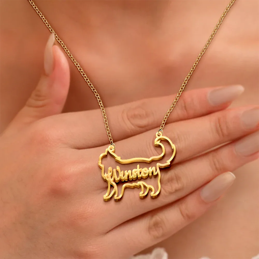 Cat Shaped Line Art With Custom Name - Personalized Letter Necklace - Image 3